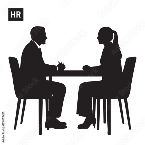 HR manager interviewing candidate, two people sitting at table for job interview, discussion between employer and applicant, HR department meeting, recruitment process, professional conversation