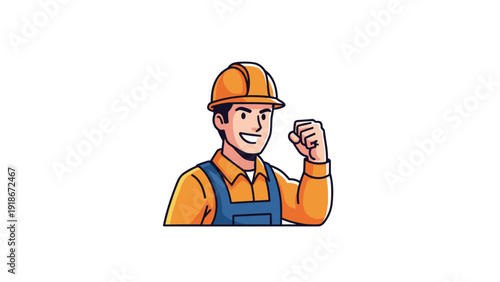 Determined construction worker in a hard hat and overalls showing his muscles to represent strength and reliability.