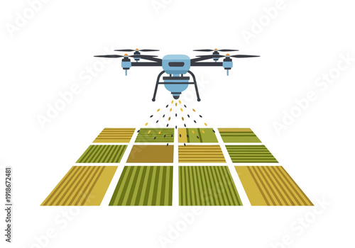 Modern agricultural drone performing precision seeding over organized fields, illustrating smart farming technology for efficient crop cultivation.
