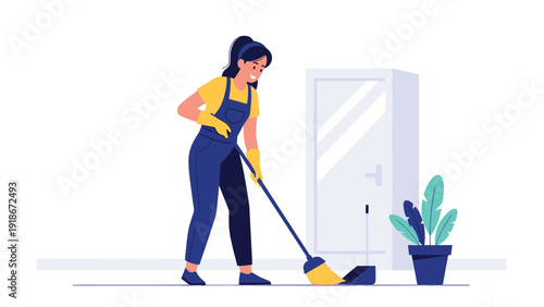 Young woman in overalls and yellow gloves sweeping the floor with a broom and dustpan in a clean minimalist room.