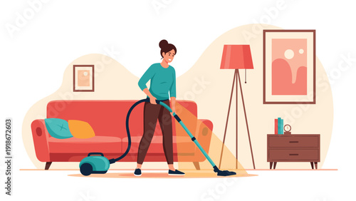 Young woman using a modern vacuum cleaner to clean the rug in a cozy living room with a sofa and decorations.