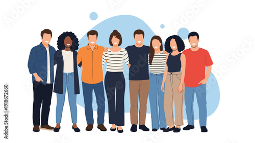 Large group of diverse young men and women standing closely together to represent unity, community, and friendship.