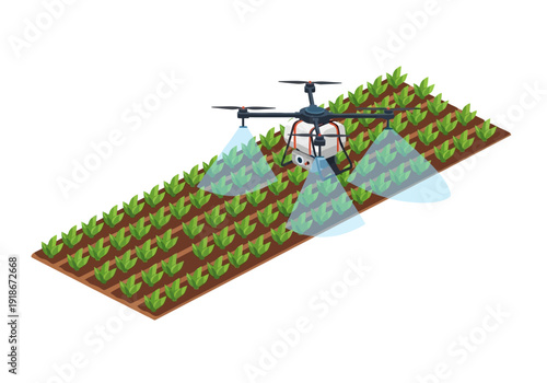 Agricultural Drone Spraying Crops in an Isometric Field Illustration for Smart Farming and Precision Agriculture Technology