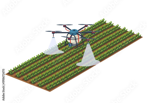 Advanced Agricultural Drone System Sprays Crops in an Isometric Field, Showcasing Precision Farming and Smart Technology for Sustainable Growth