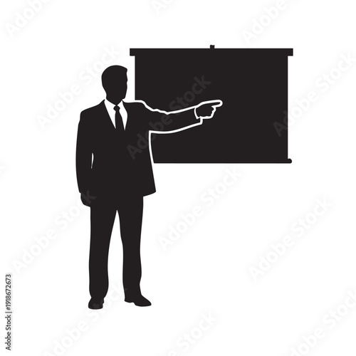 Businessman pointing at screen, man in suit giving presentation, pointing finger at chart or graph on projector, male speaker explaining data on board, business coach instructing audience