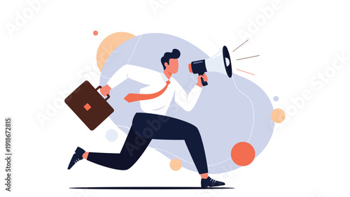 Focused businessman running with a briefcase and shouting into a megaphone against an abstract light blue background.