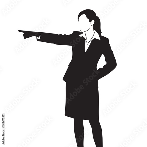 Businesswoman silhouette pointing finger to side, depicting direction and instruction with confident posture on white background vector illustration