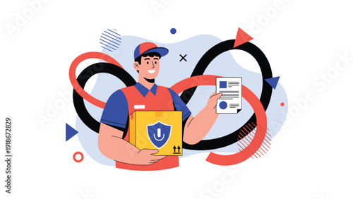 Professional delivery man holding a secure package and documents with abstract graphic elements in the background.