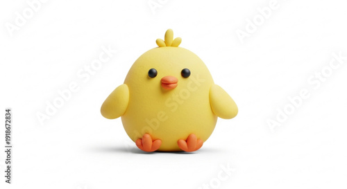 Cute yellow chick figurine with orange beak and feet standing on white background