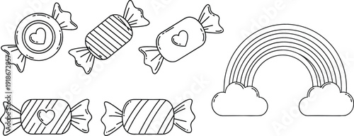 Candy and Rainbow Line Icon Set Featuring Wrapped Sweets, Heart Candy, Striped Confection and Cloud Rainbow Outline Vector Illustration