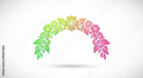 Colorful floral archway with gradient leaves and flowers on white background symbolizing growth and harmony
