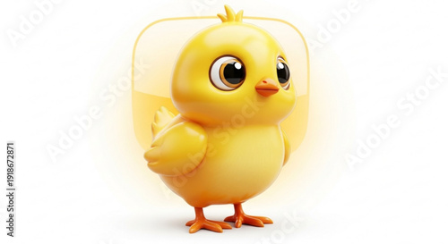 Cute yellow cartoon chick waving with big eyes on white background