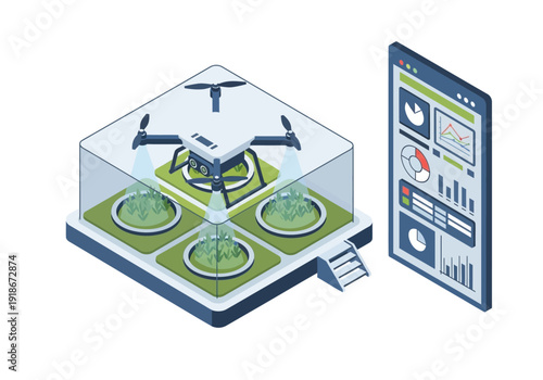 Isometric illustration of smart agriculture with drone monitoring plants in a controlled environment, displaying real-time data on a digital tablet.