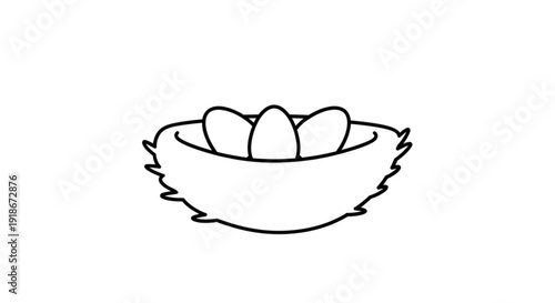 Simple black and white line drawing of a bird's nest with three eggs