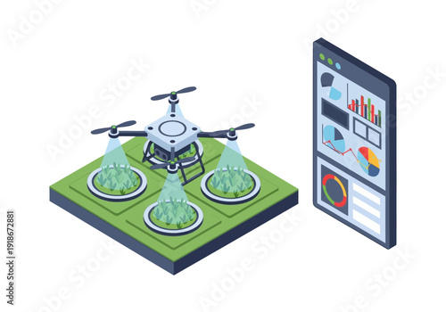 Smart farming concept: drone spraying crops, digital interface showing analytics for precision agriculture management.