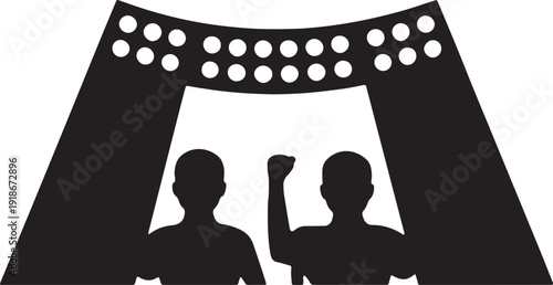 Two fans cheering in stadium beneath lights silhouette vector graphic element illustration background