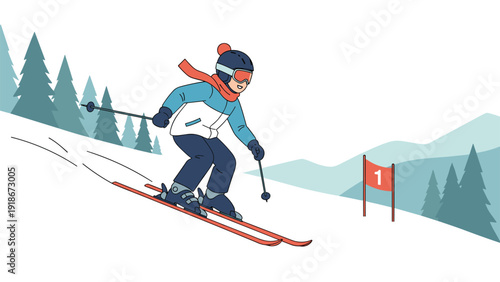 Brave young child wearing a helmet and goggles skiing down a snowy mountain slope with pine trees and a race flag in the background.