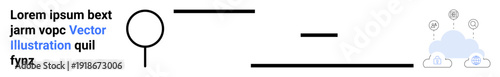 Cloud computing, data sharing, abstract communication, digital networks, web storage, and innovation. Minimalist design with lines, text and cloud symbols. Cloud computing and data sharing concept