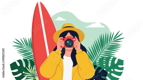 Young woman with long dark hair and a yellow hat taking a photo with a camera in front of a surfboard and tropical palm leaves.