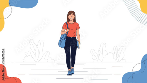 Young female student walking confidently while carrying a blue backpack and holding a book in a clean and minimal outdoor setting.
