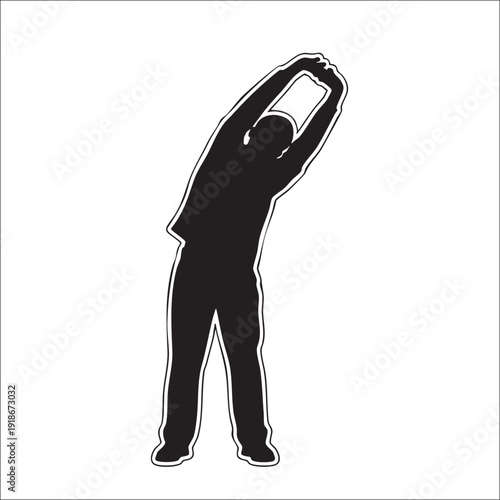 Male silhouette stretching body with arms raised over head and bent to side, depicting warm up exercise and flexibility on white background vector illustration