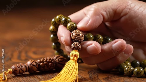 Close-up of a person's hand holding a wooden bead rosary with intricate carvings and a yellow tassel
