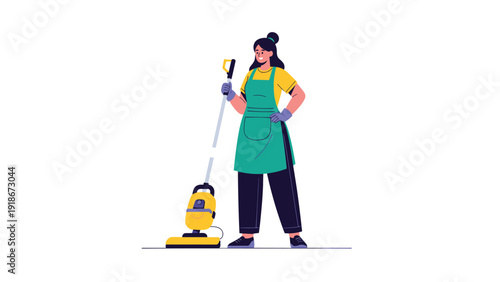 Dedicated female cleaner in a green apron and gloves using a professional floor scrubber machine to maintain a clean environment.