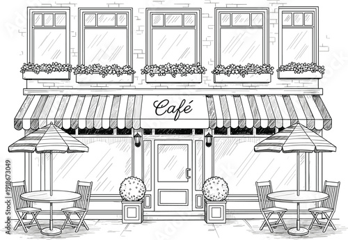 Vintage cafe exterior facade engraving illustration, street coffee shop building with outdoor tables awning windows european restaurant hand drawn vector sketch