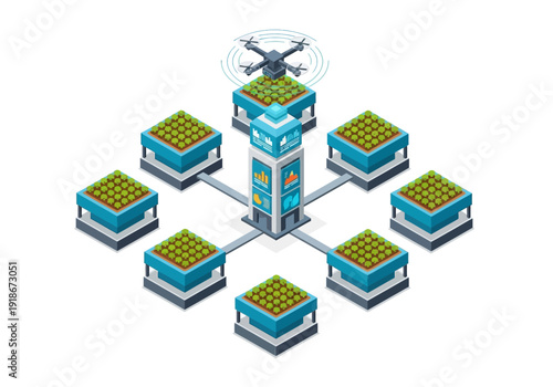 Isometric illustration of smart agriculture network with drone overseeing modular urban farms and centralized data management technology.