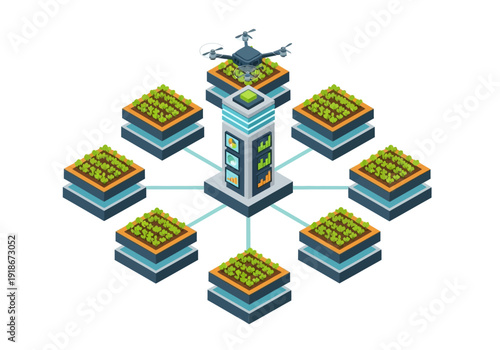 Isometric illustration of modern agriculture technology, integrating drones and a central data center for efficient, smart farm management.