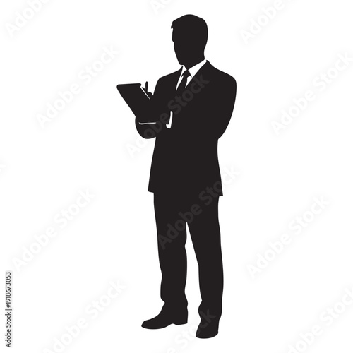 Businessman silhouette writing in notepad on white background black drawing business man taking notes in document isolated vector illustration of professional male worker