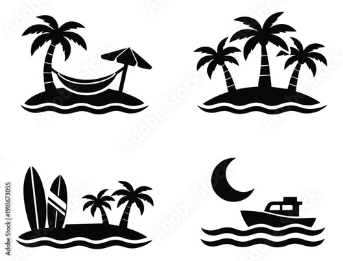 Silhouette tropical island icons set featuring palm trees, surfboards, a hammock, and a boat for summer vacation or travel design