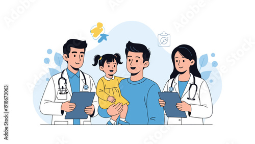 Caring medical team consisting of a male and female doctor examining a little girl being held by her father in a hospital setting.