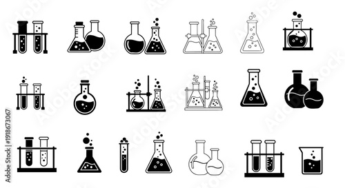 Chemistry Laboratory Glassware Icons Vector Science Flask Beaker Set