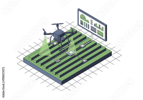 Drone Monitoring Smart Agricultural Fields: An Isometric Illustration of Precision Farming and Data Analytics for Crop Management