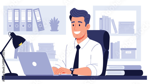 Cheerful businessman in a white shirt and tie working on a laptop at his office desk with bookshelves and folders in the background.