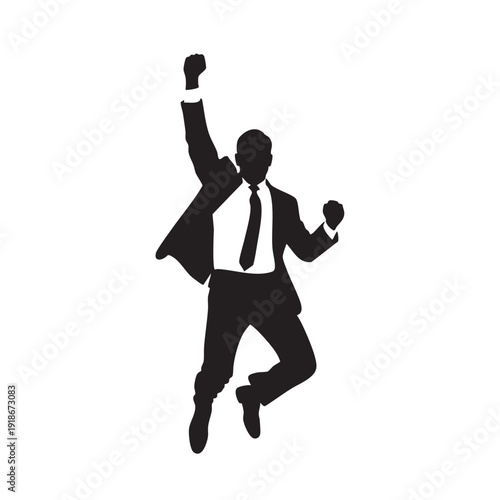 Excited businessman silhouette jumping in air with fist raised in celebration, depicting success and achievement in dynamic pose on white background vector illustration