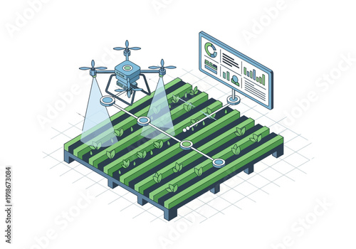 Smart agriculture system: drone spraying crops, connected to a digital monitor displaying real-time field data. Isometric concept.