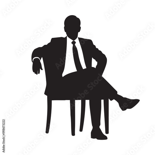 Silhouette of businessman sitting on chair with legs crossed, representing relaxation or contemplation in business environment, vector graphic.