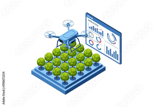Isometric illustration of a drone conducting smart farming operations, monitoring a plantation with real-time analytics displayed on a screen