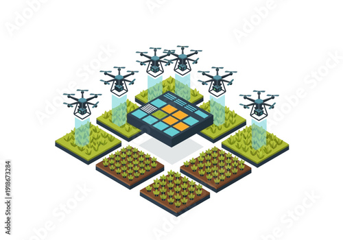 Agricultural drones monitoring and optimizing crop growth in smart farming systems with central data processing, conceptual isometric illustration