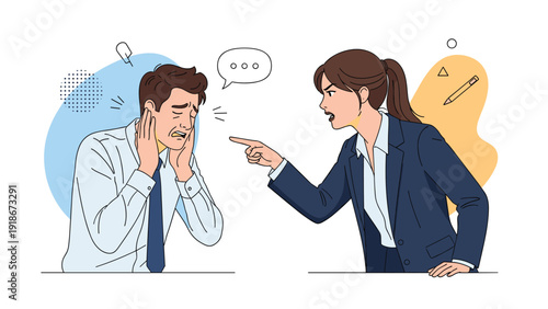 Angry female boss in a suit shouting and pointing at a stressed male employee who is covering his ears during a workplace conflict.