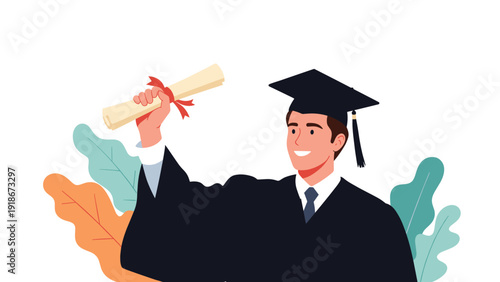 Proud male graduate student wearing a black cap and gown holding up his diploma with a joyful smile after the graduation ceremony.