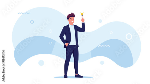 Creative businessman in a navy suit having an innovative idea represented by a glowing lightbulb above his raised index finger.