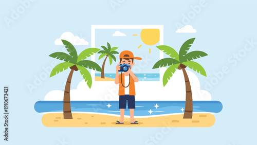 Young boy wearing a cap taking a photo with a digital camera while standing on a tropical beach with palm trees and a sunny sky.