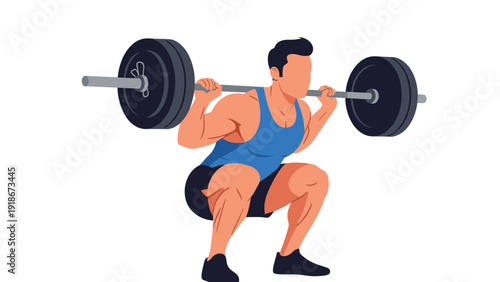 Strong athletic man in gym clothes performing a barbell squat exercise to build strength and muscle on a clean white background.