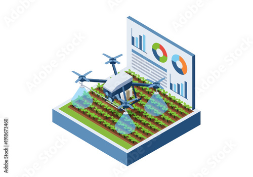 Isometric illustration: Agricultural drone spraying crops in a smart farm, with data analytics for precision and modern cultivation.