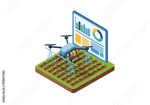 Agricultural drone spraying crops with precision, monitoring farm data on a screen in an isometric smart farming illustration for modern agriculture.