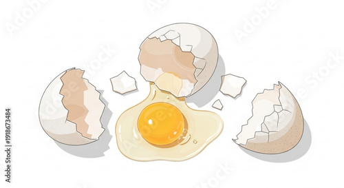 Broken egg with yolk spilling out on white background cracked shell fragments soft lighting