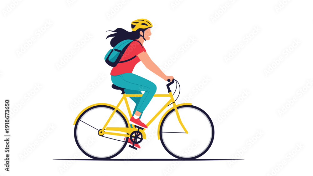 Fototapeta premium Active young woman with a backpack and helmet riding a yellow bicycle outdoors for fitness and transportation on a sunny day.